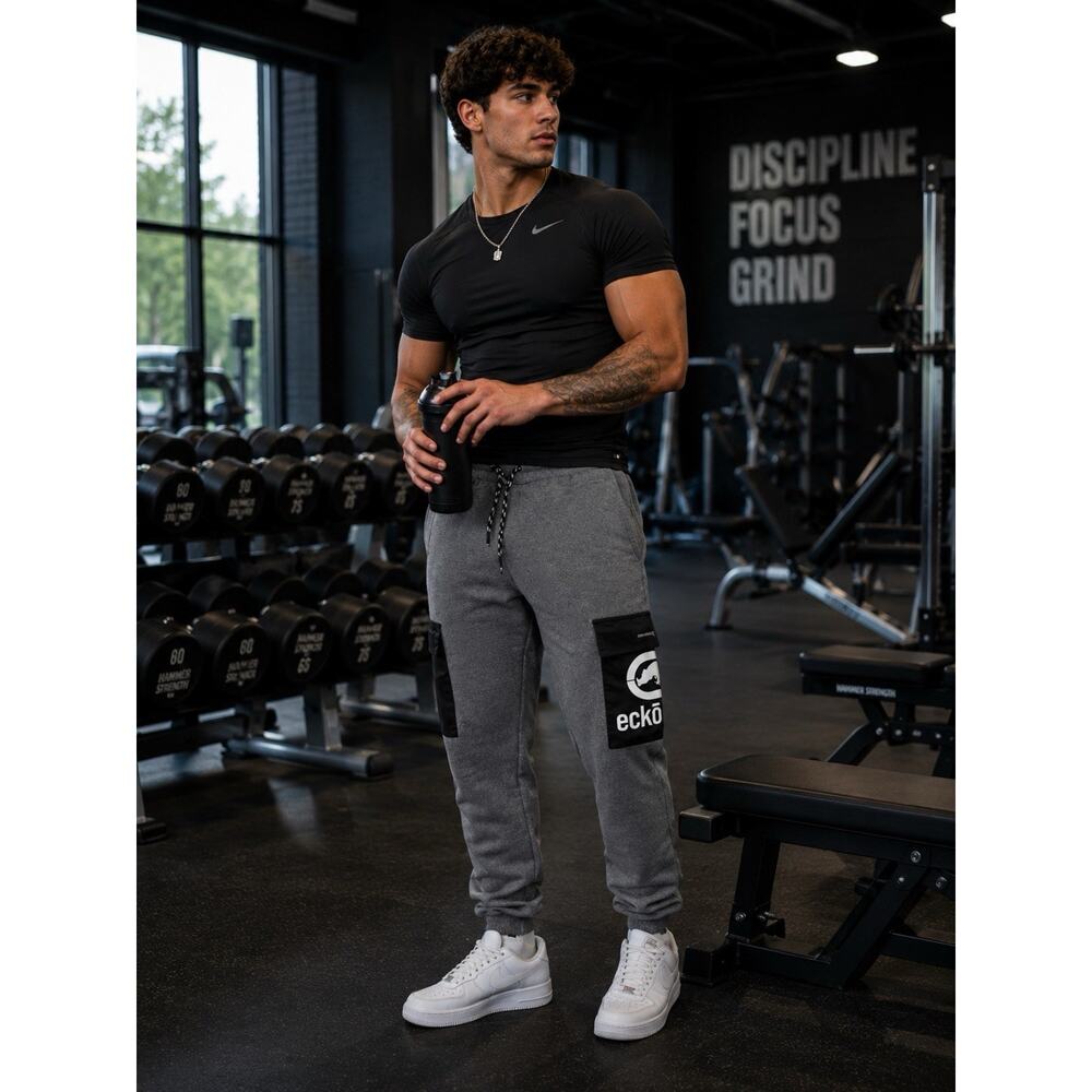 Men’s Ecko Unltd Patch Parcel Joggers Fleece Grey Cargo Pockets - Skatewear